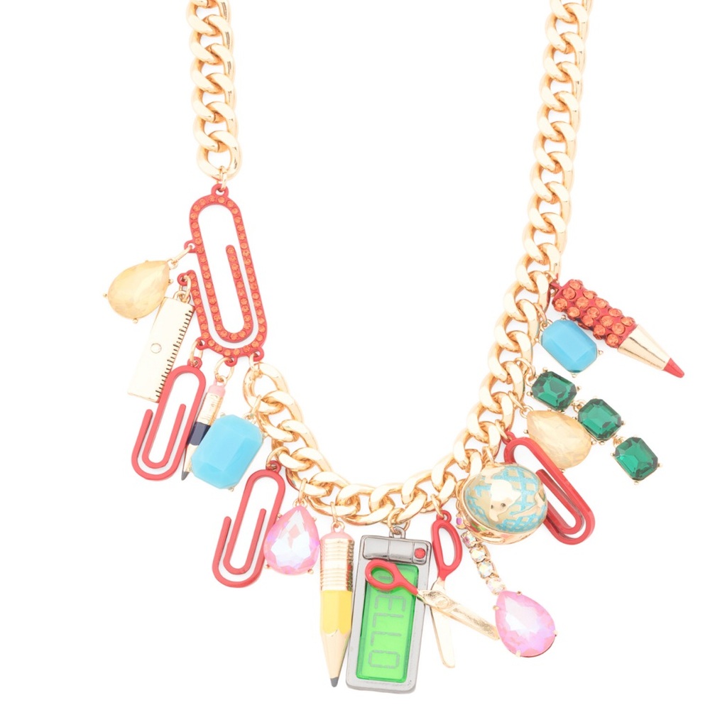 Authentic Betsey Johnson Necklace - School Charms Statement Gold Tone, NWT - Picture 3 of 16